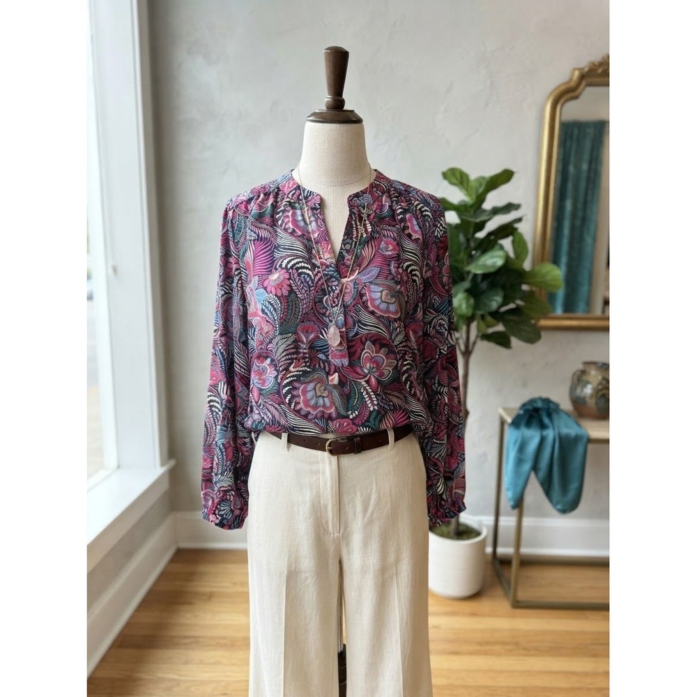 LOFT Womens Pink Blue Paisley Floral Split Neck Long Sleeve Blouse Size M
